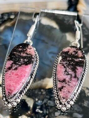 Peach Blossom Jade Rhodonite Earrings 2 1/4”- “Stone of Love”